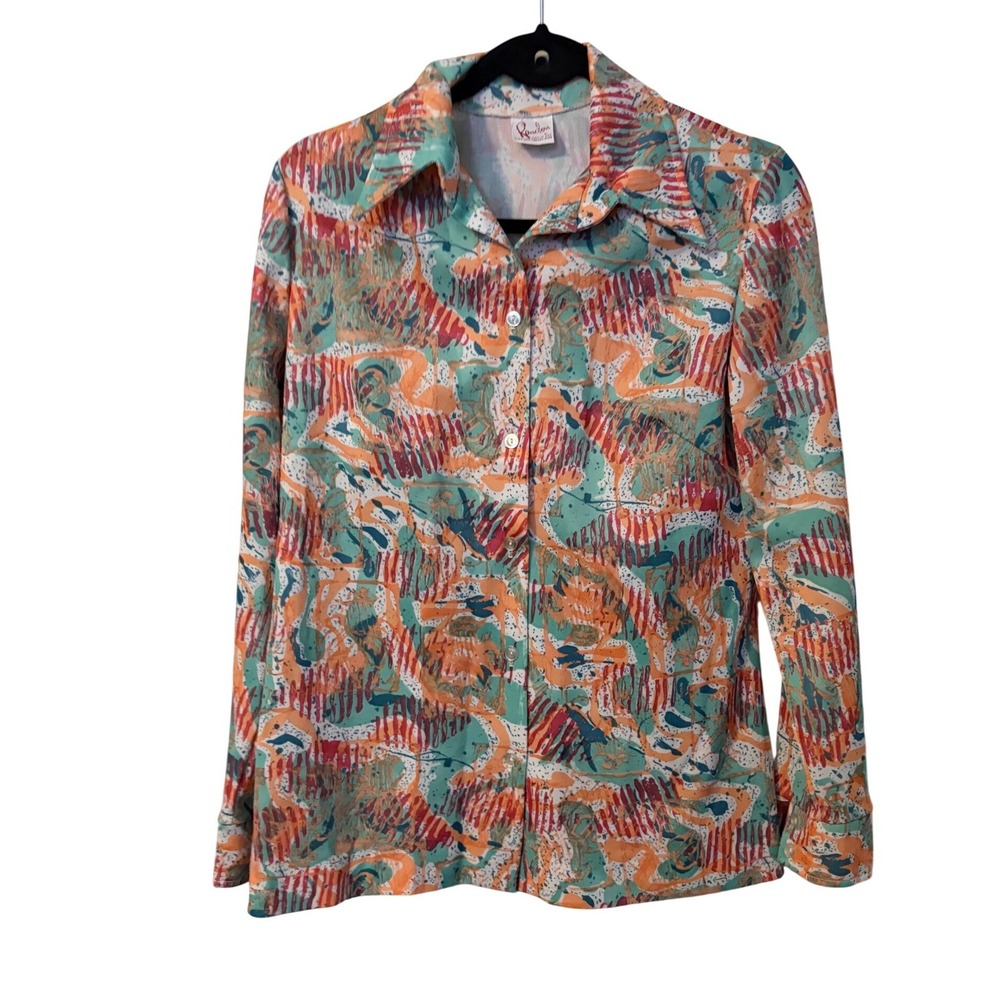 Vintage‎ 1970s Retro Abstract Print Button Down Long Sleeve Shirt Women's